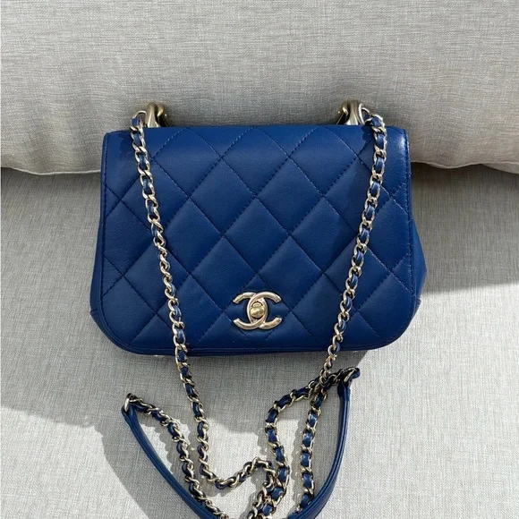 CHANEL Blue Quilted Top Handle Flap Bag GHW - Picture 2 of 16